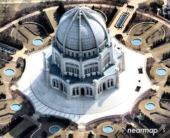 Oblique aerial view, Baha'i House of Worship, Wilmette IL -- 23 March 2018