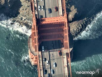 Overhead aerial view of the Golden Gate Bridge's north tower -- 11 July 2018